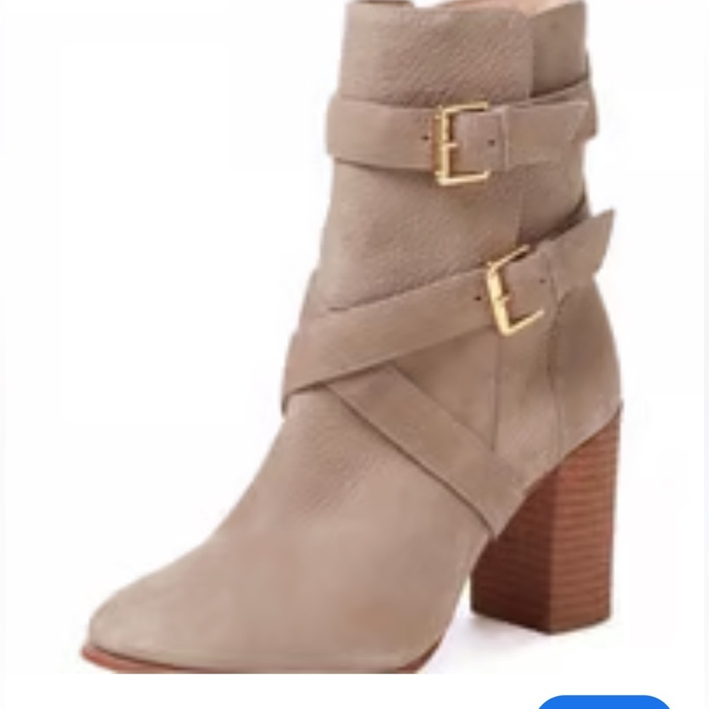 Kate Spade Women's Lexy taupe double buckle Moto heeled boot